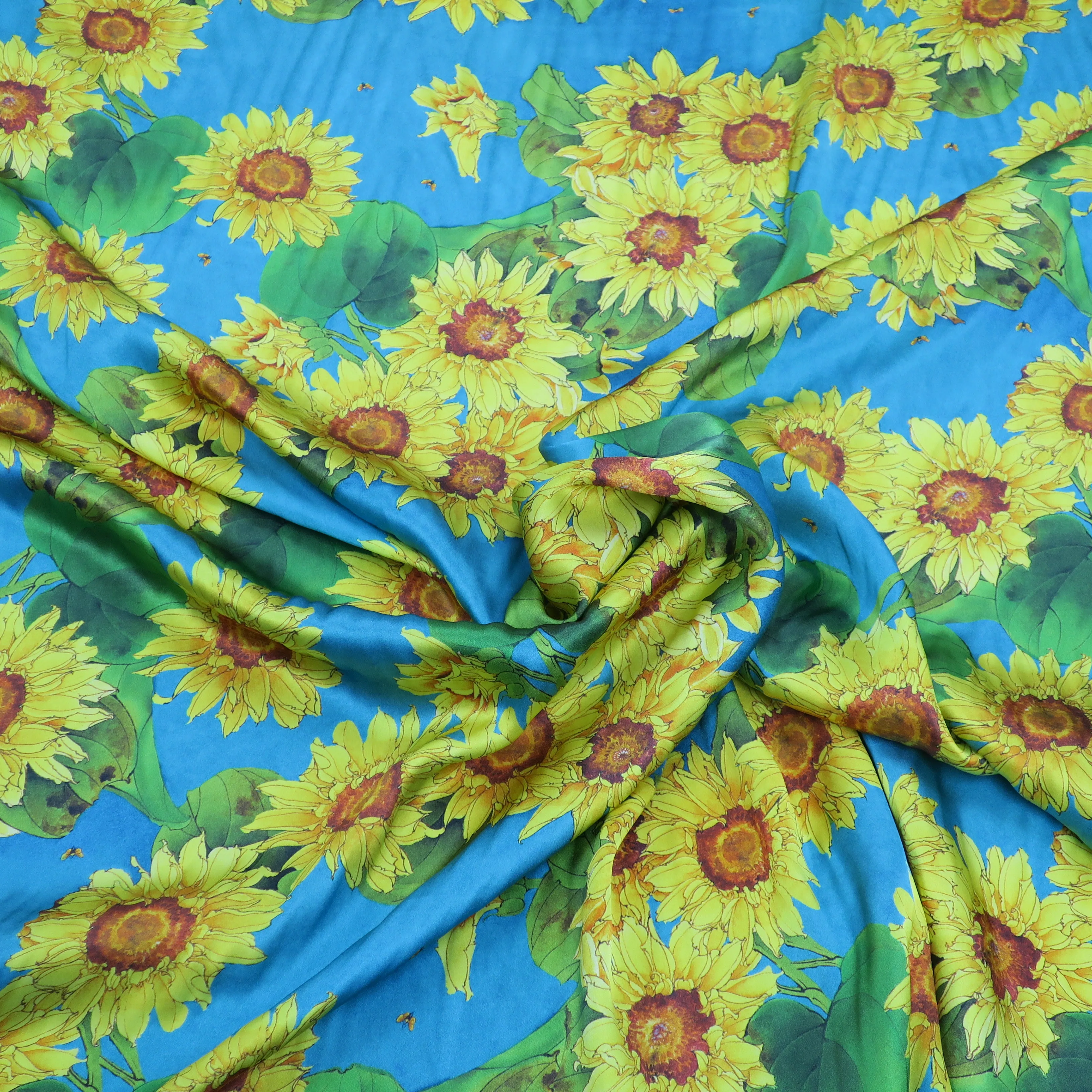 Sunflowers Teal Ground Printed  Silk Charmeuse