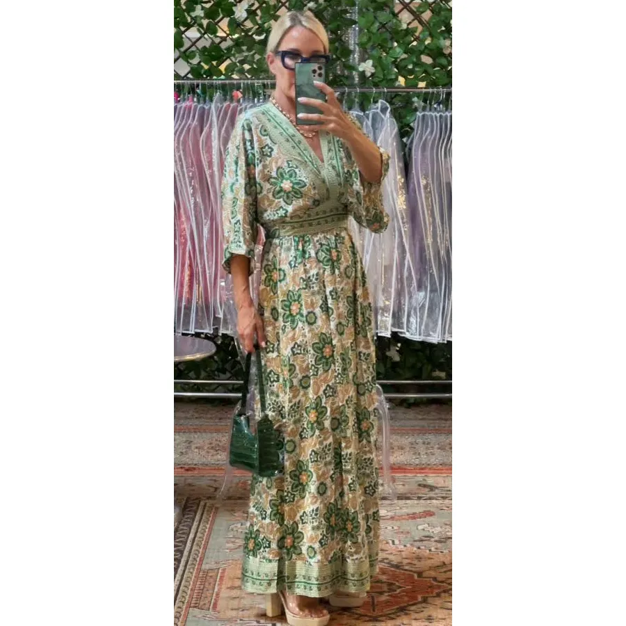 The Alani Green Floral Kimono Maxi Dress