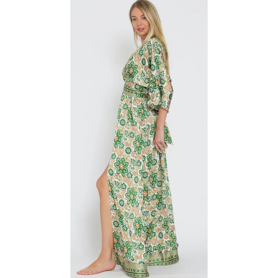 The Alani Green Floral Kimono Maxi Dress