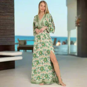 The Alani Green Floral Kimono Maxi Dress