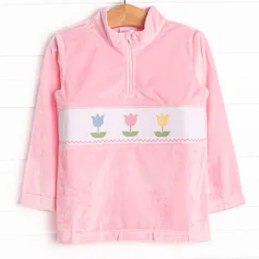 Traditional Tulips Smocked Fleece Pullover, Pink