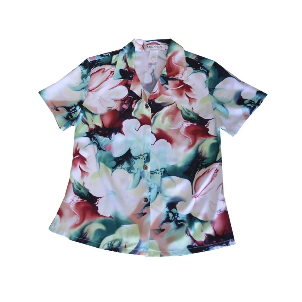 Watercolor Hibiscus Women's Aloha Rayon Blouses