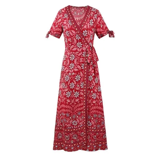 Women Dresses 2021 Sexy V-neck Floral Print Summer Boho Dress