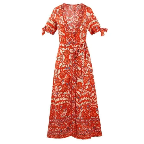 Women Dresses 2021 Sexy V-neck Floral Print Summer Boho Dress