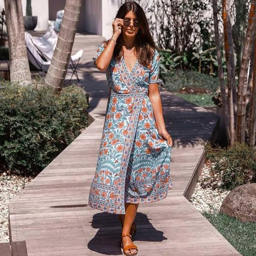 Women Dresses 2021 Sexy V-neck Floral Print Summer Boho Dress