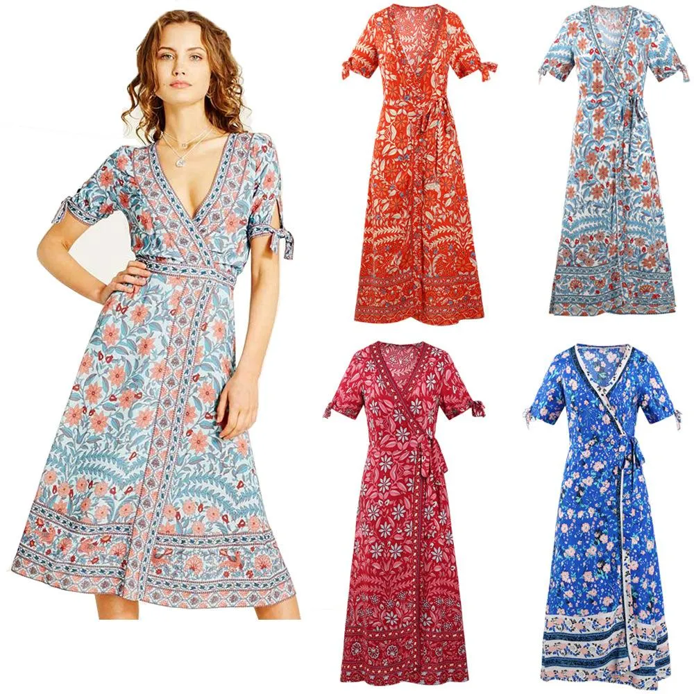 Women Dresses 2021 Sexy V-neck Floral Print Summer Boho Dress