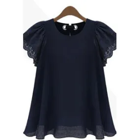 Women Flutter Sleeve Round Neck Lace Top - C727JPSB