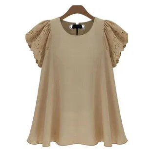 Women Flutter Sleeve Round Neck Lace Top - C727JPSB