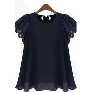 Women Flutter Sleeve Round Neck Lace Top - C727JPSB