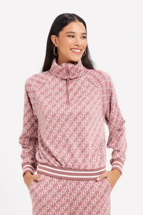 Women Pink Printed Zip Front Sweatshirt