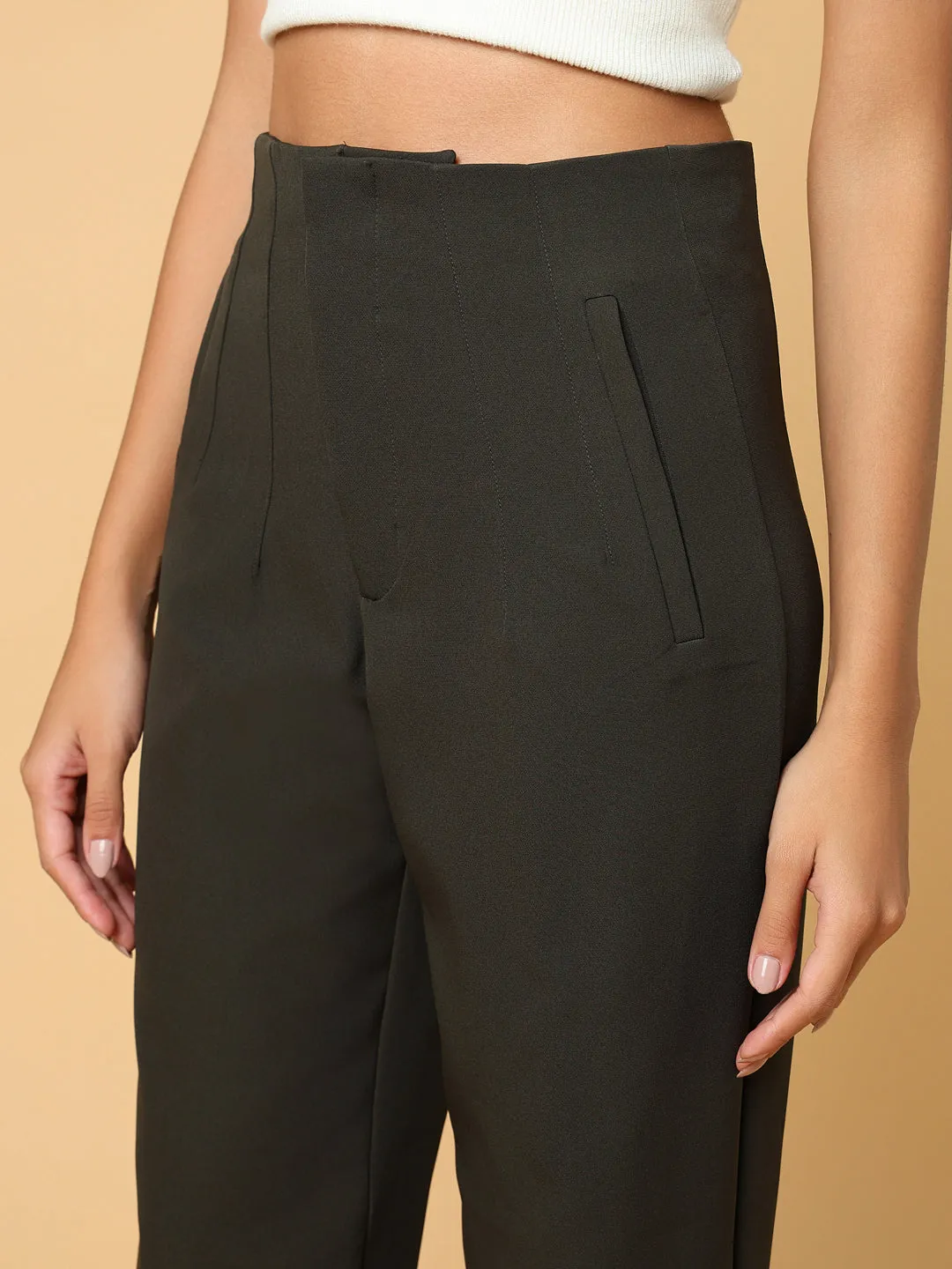 Women Solid Olive Formal Trouser