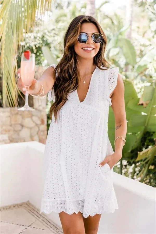 Women Summer Dress Ruffle Sleeve Casual Loose Mini Dress