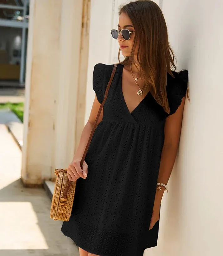 Women Summer Dress Ruffle Sleeve Casual Loose Mini Dress