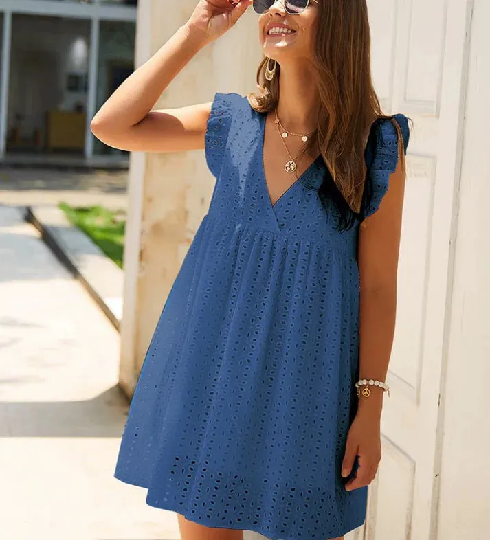 Women Summer Dress Ruffle Sleeve Casual Loose Mini Dress