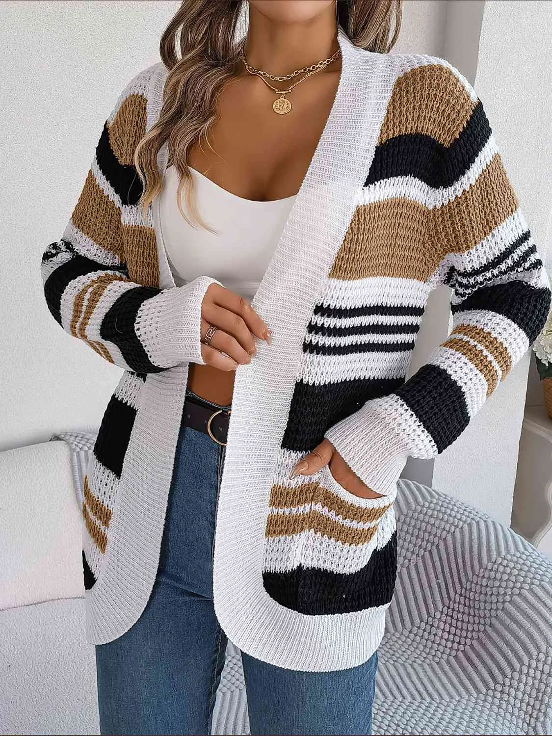 Women's Striped Open Front Long Sleeve Cardigan