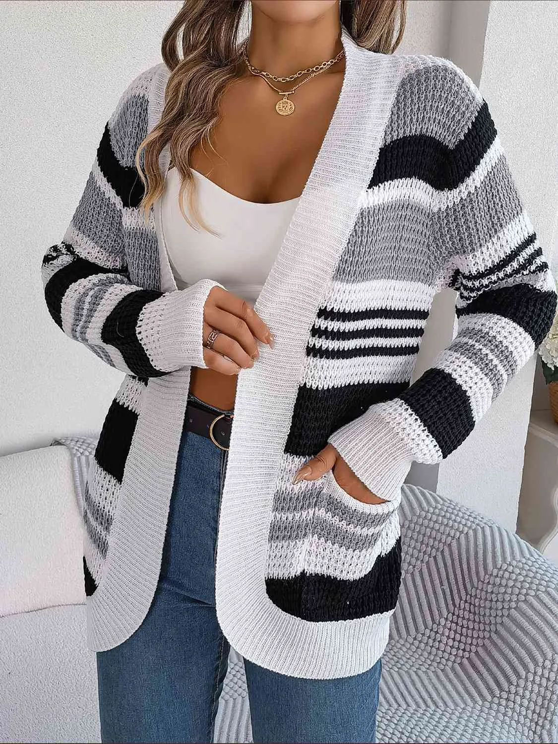 Women's Striped Open Front Long Sleeve Cardigan