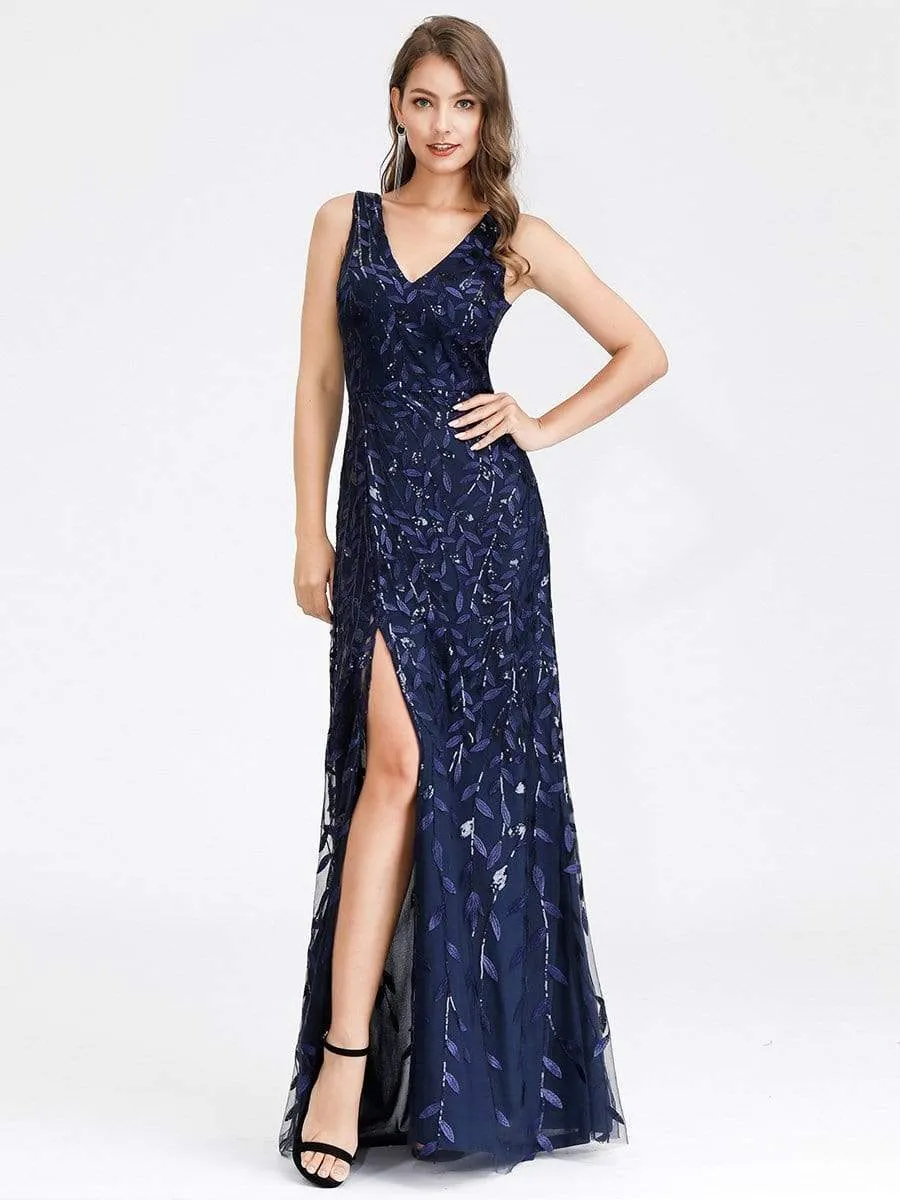 Women's V-Neck Embroidery Side Split Evening Party Maxi Dress