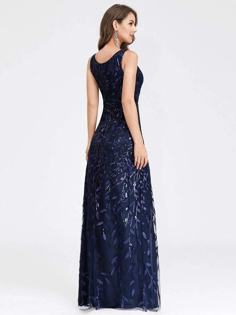 Women's V-Neck Embroidery Side Split Evening Party Maxi Dress