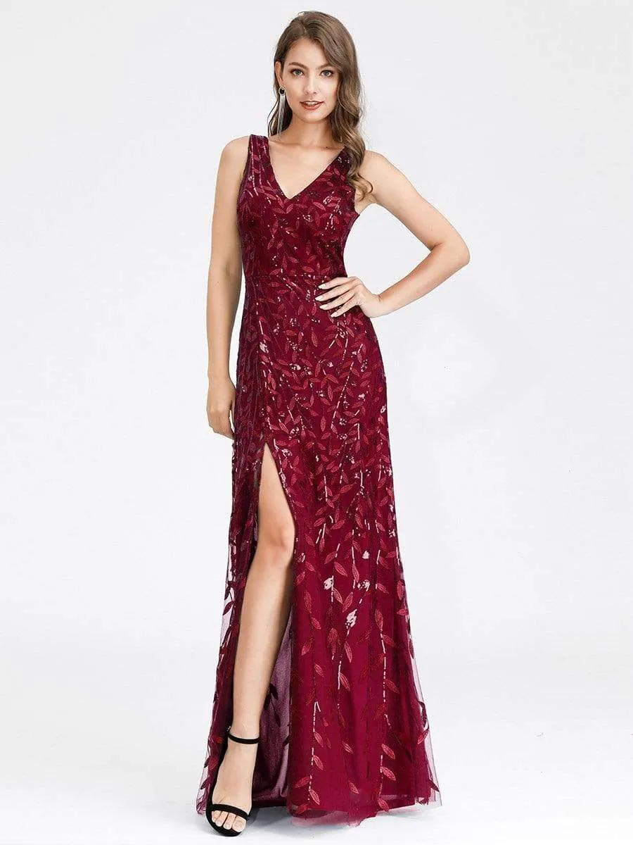 Women's V-Neck Embroidery Side Split Evening Party Maxi Dress