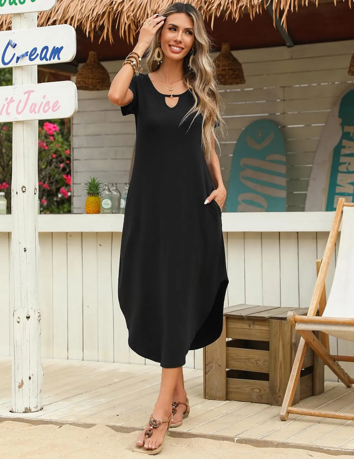 Zeagoo Maxi Dress with Pockets Short Sleeve Sundress