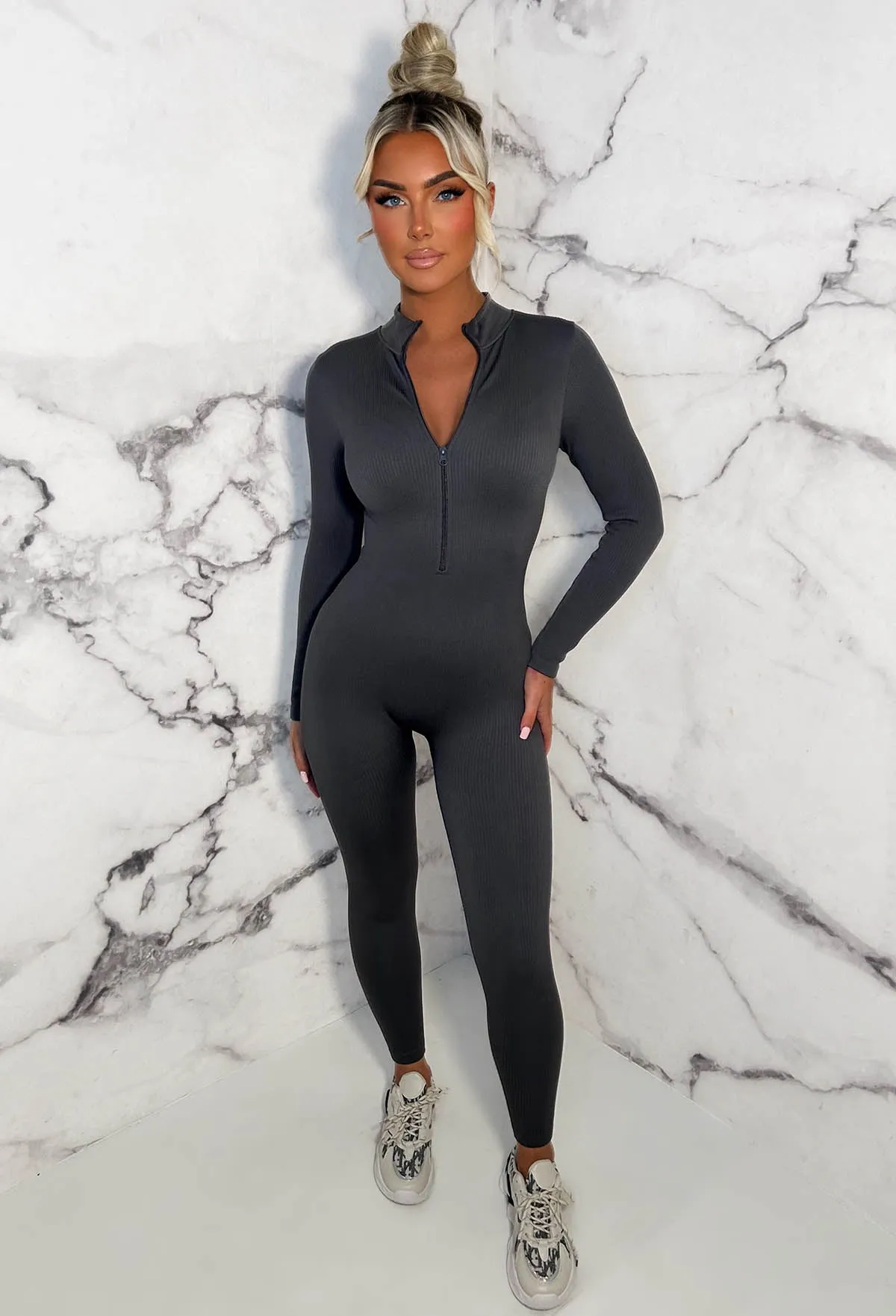 Zip Me Up Grey Long Sleeve Waist Cinching Zip Up Unitard