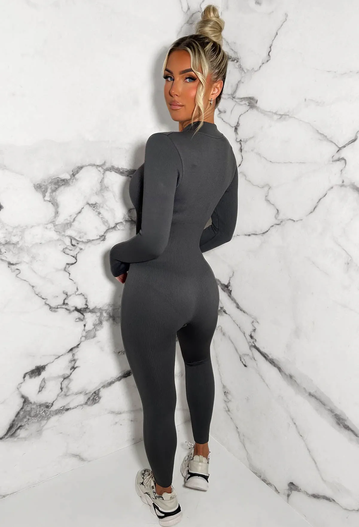 Zip Me Up Grey Long Sleeve Waist Cinching Zip Up Unitard